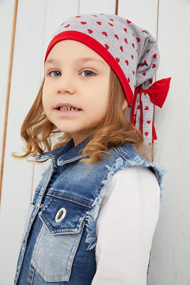 Girl's Grey Heart Pattern cotton Beanie - Soft & Natural - TryAladdin