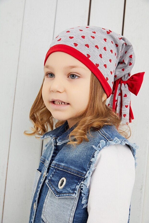 Girl's Grey Heart Pattern cotton Beanie - Soft & Natural - TryAladdin