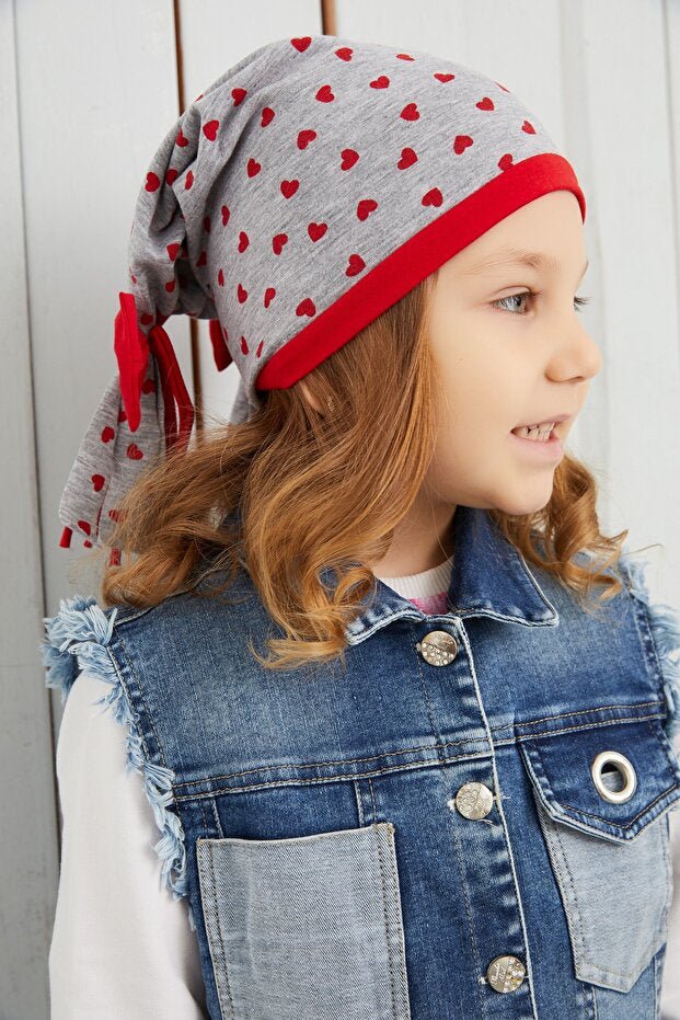 Girl's Grey Heart Pattern cotton Beanie - Soft & Natural - TryAladdin