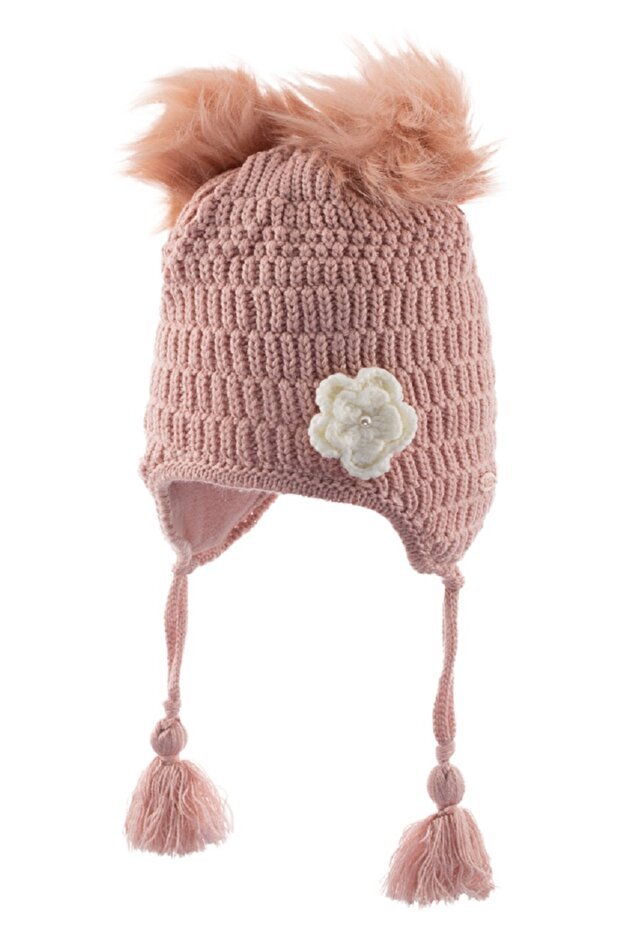 Girl's Knitted Beanie Hat with Faux Fur Pom - Poms & Ear Flaps (1 - 4 Yrs) - TryAladdin
