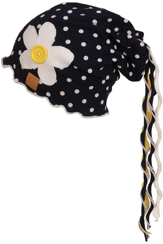 Girl's Navy Polka Dot 100% cotton Beanie Hat with Daisy - TryAladdin