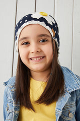 Girl's Navy Polka Dot 100% cotton Beanie Hat with Daisy - TryAladdin