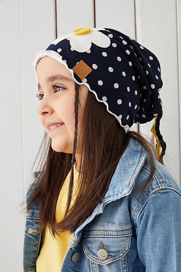 Girl's Navy Polka Dot 100% cotton Beanie Hat with Daisy - TryAladdin