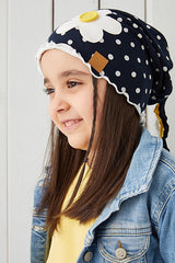 Girl's Navy Polka Dot 100% cotton Beanie Hat with Daisy - TryAladdin