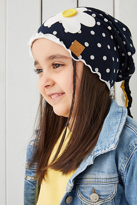 Girl's Navy Polka Dot 100% cotton Beanie Hat with Daisy - TryAladdin