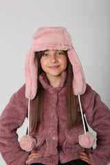 Girl's Pink Faux Fur Hat with Earflaps & Pom - poms - TryAladdin