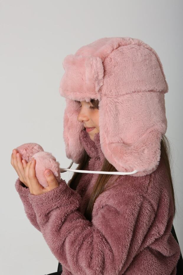 Girl's Pink Faux Fur Hat with Earflaps & Pom - poms - TryAladdin