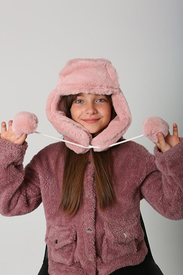 Girl's Pink Faux Fur Hat with Earflaps & Pom - poms - TryAladdin
