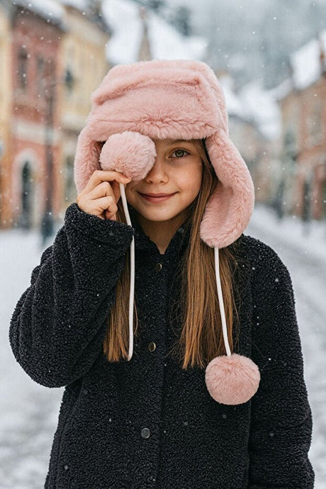 Girl's Pink Faux Fur Hat with Earflaps & Pom - poms - TryAladdin