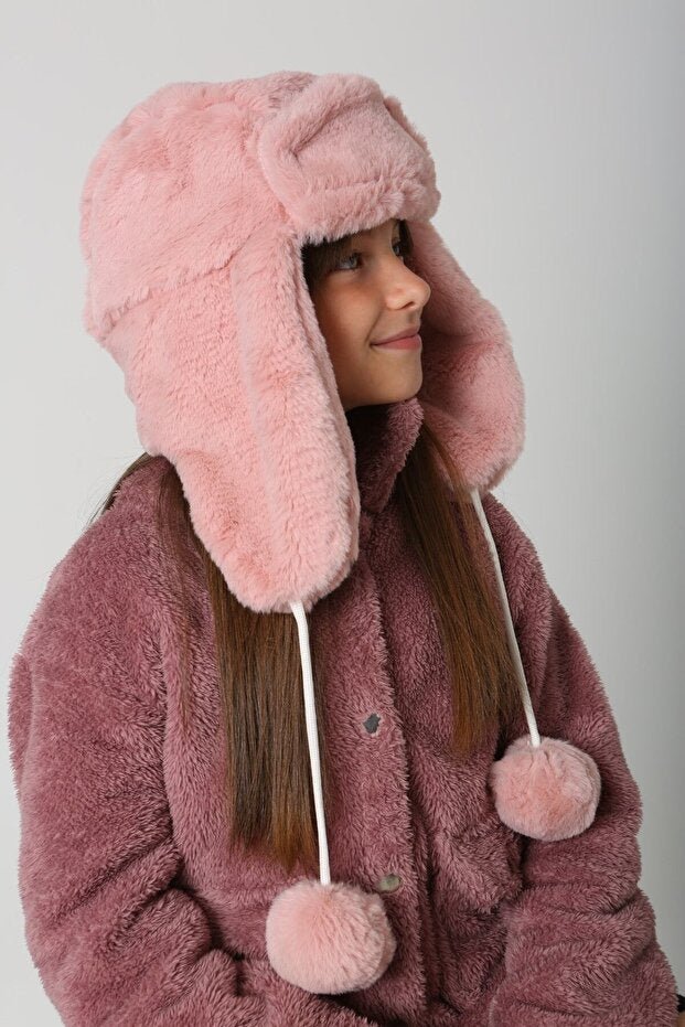 Girl's Pink Faux Fur Hat with Earflaps & Pom - poms - TryAladdin