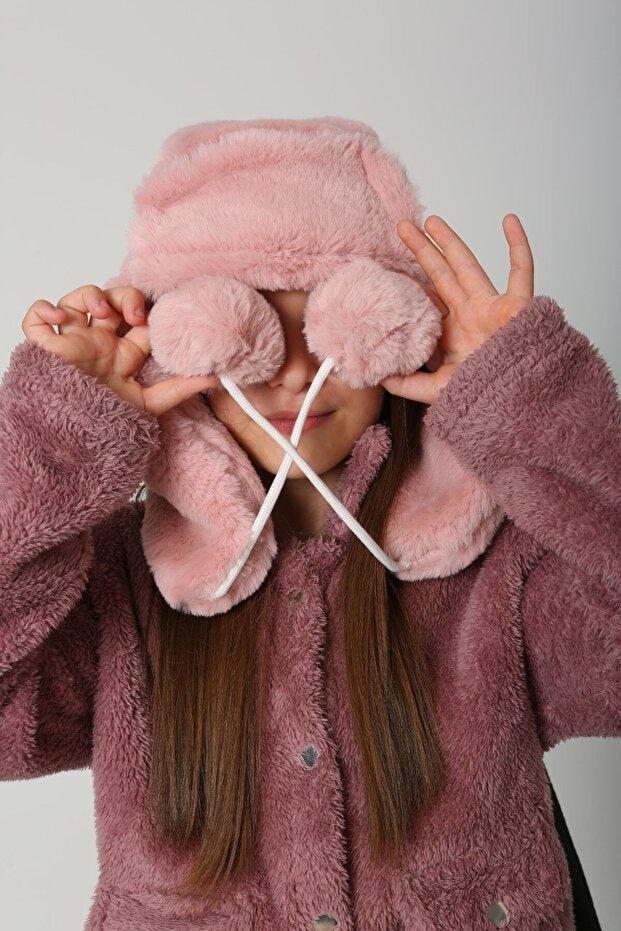 Girl's Pink Faux Fur Hat with Earflaps & Pom - poms - TryAladdin
