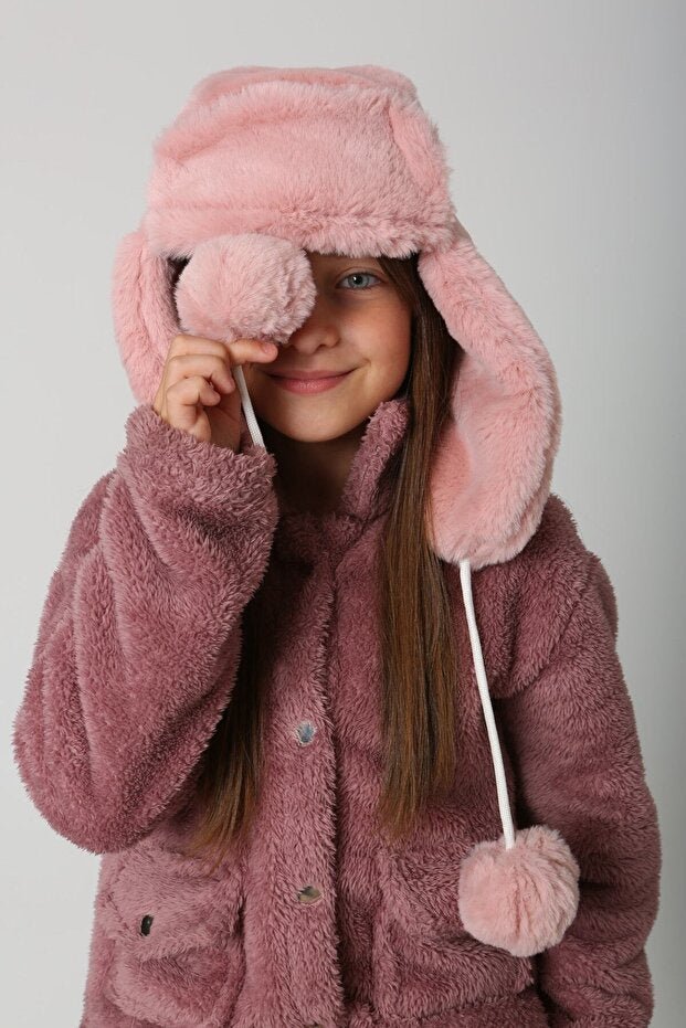 Girl's Pink Faux Fur Hat with Earflaps & Pom - poms - TryAladdin