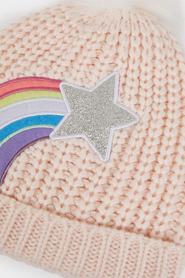 Girls' Pompom Beanie - Rainbow & Glitter Star - TryAladdin