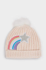 Girls' Pompom Beanie - Rainbow & Glitter Star - TryAladdin