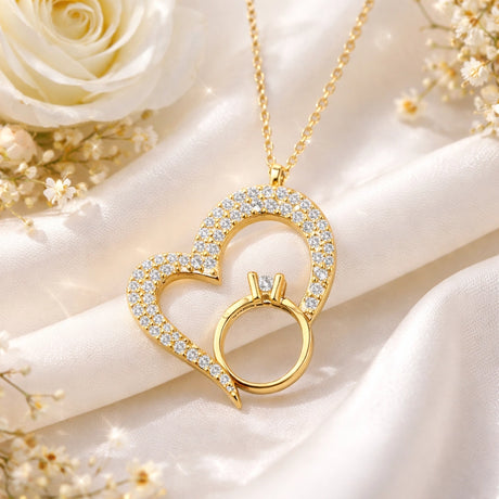 Necklace - Gold-Tone Clear Stone Solitaire Ring Heart Pendant
