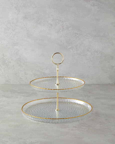 Premium Dual Tier Glass Display Stand   Clear Gold Accent