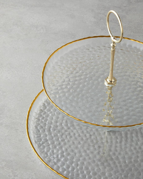 Premium Dual Tier Glass Display Stand   Clear Gold Accent