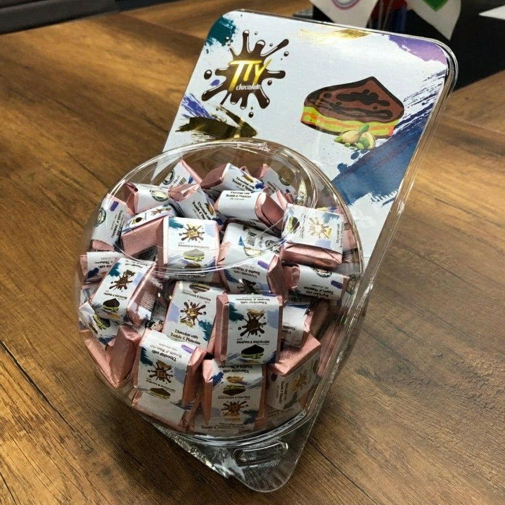 Gourmet Knafeh Pistachio Milk Chocolate Squares - 14g x 75 Count Round Box - TryAladdin