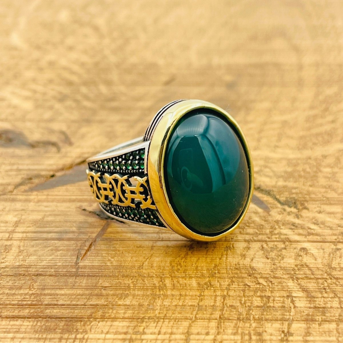 Green Agate Signet Men's Silver Ring