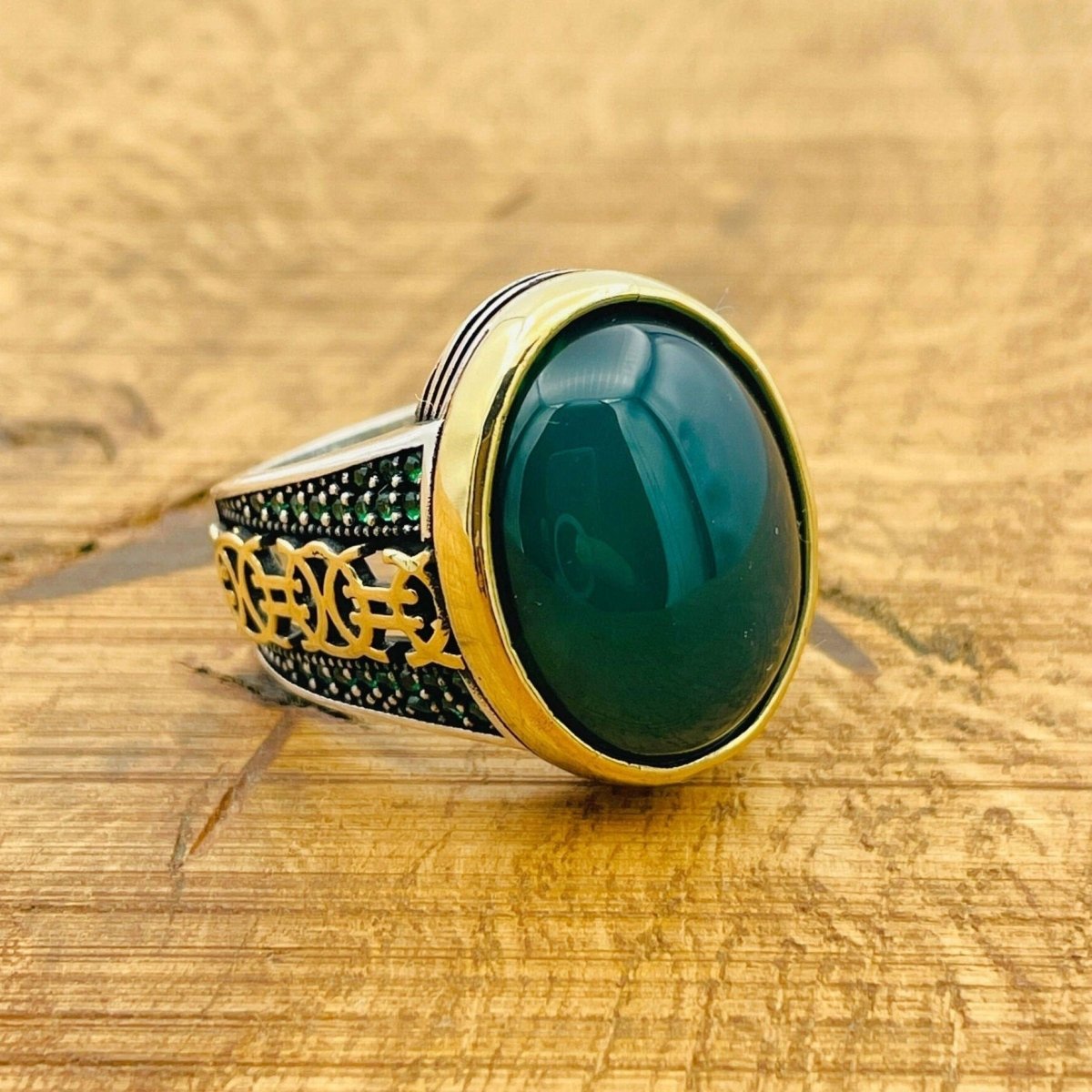 Green Agate Signet Men's Silver Ring