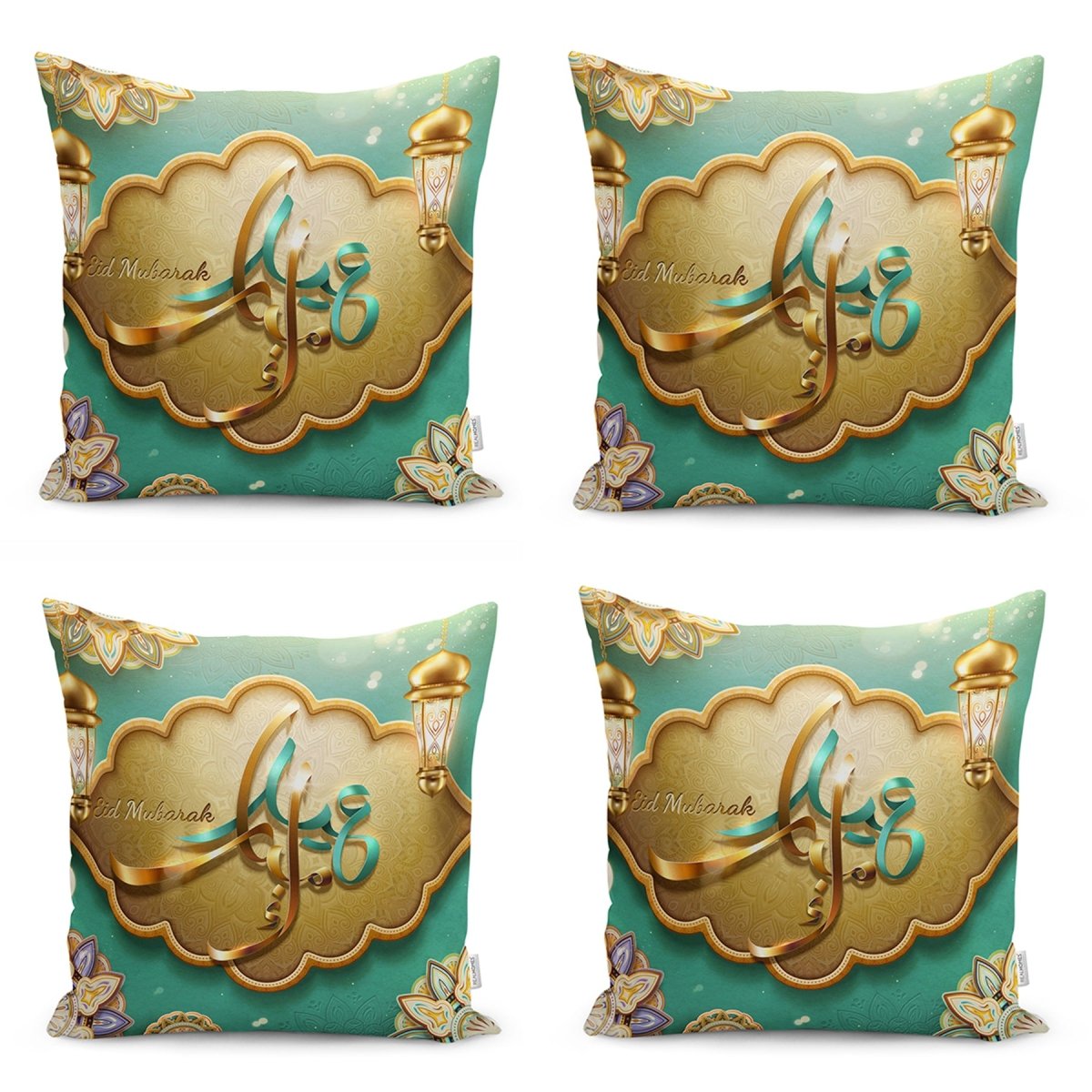 Green Background Ramadan Lantern Design Runner and Cushion Pillow Cover Set with Mubarak Motif - TryAladdin