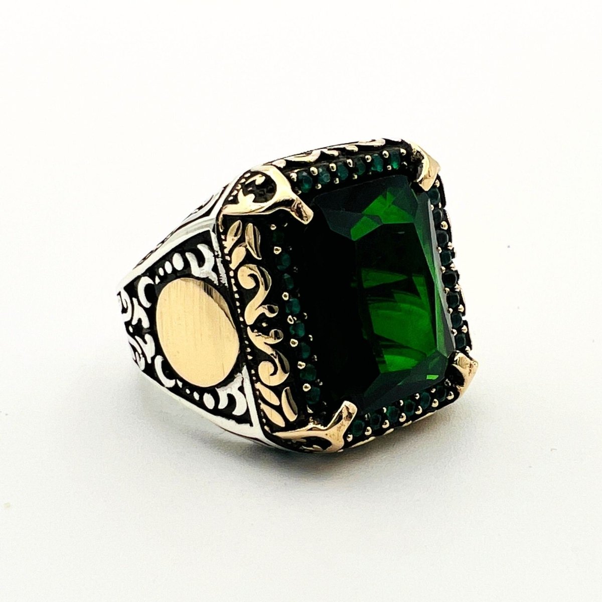 Green Emerald Men's Silver Ring