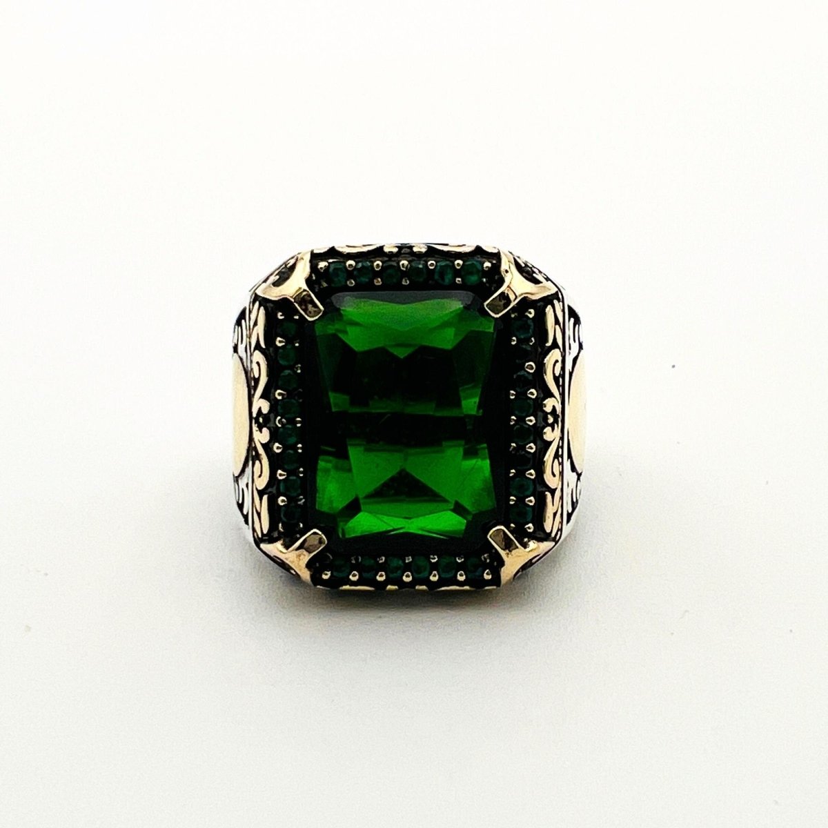 Green Emerald Men's Silver Ring