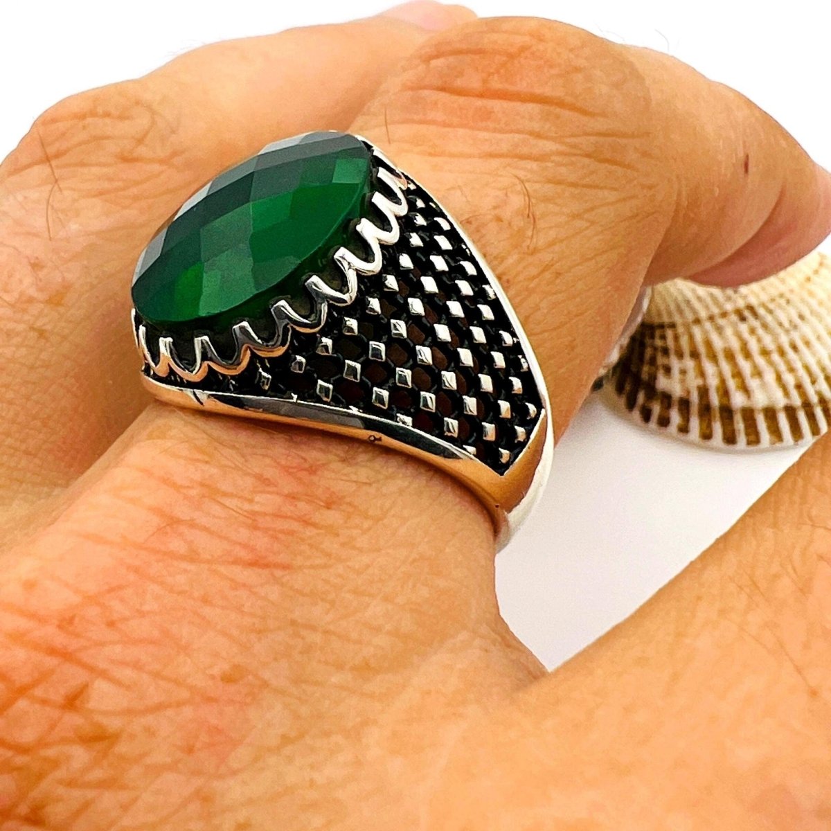 Green Emerald Oval Stone Men's Ring