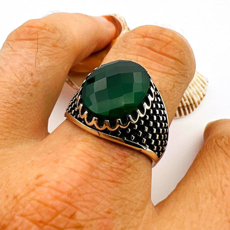 Green Emerald Oval Stone Men's Ring