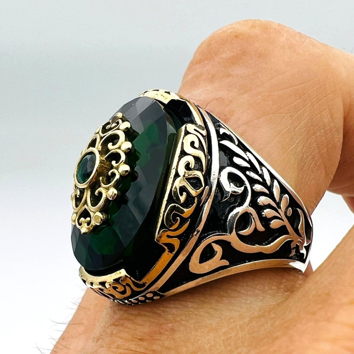 Green Emerald Oval Stone Men's Ring