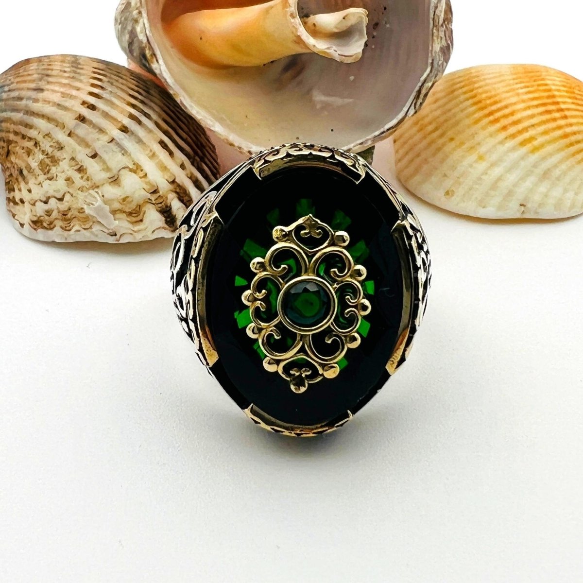 Green Emerald Oval Stone Men's Ring