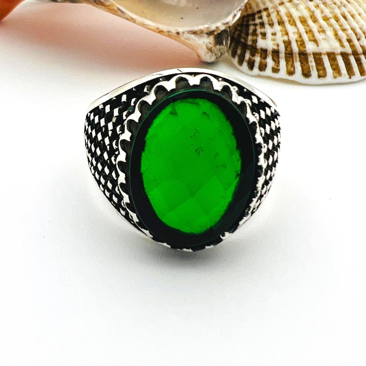 Green Emerald Oval Stone Men's Ring