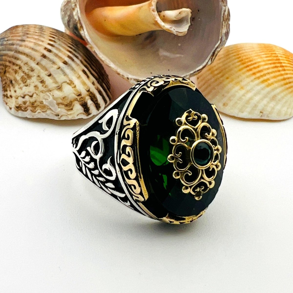 Green Emerald Oval Stone Men's Ring