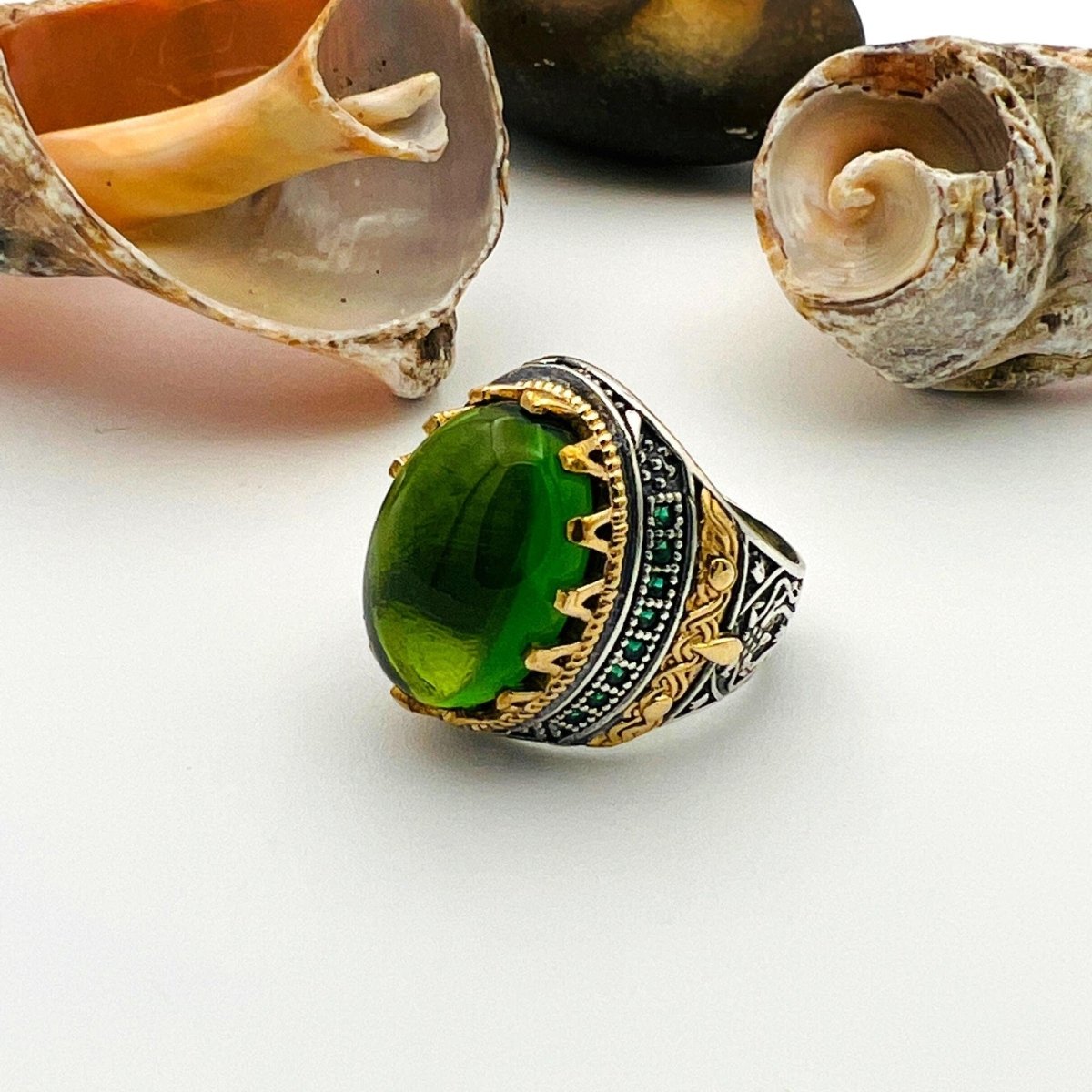 Green Emerald Oval Stone Men's Ring