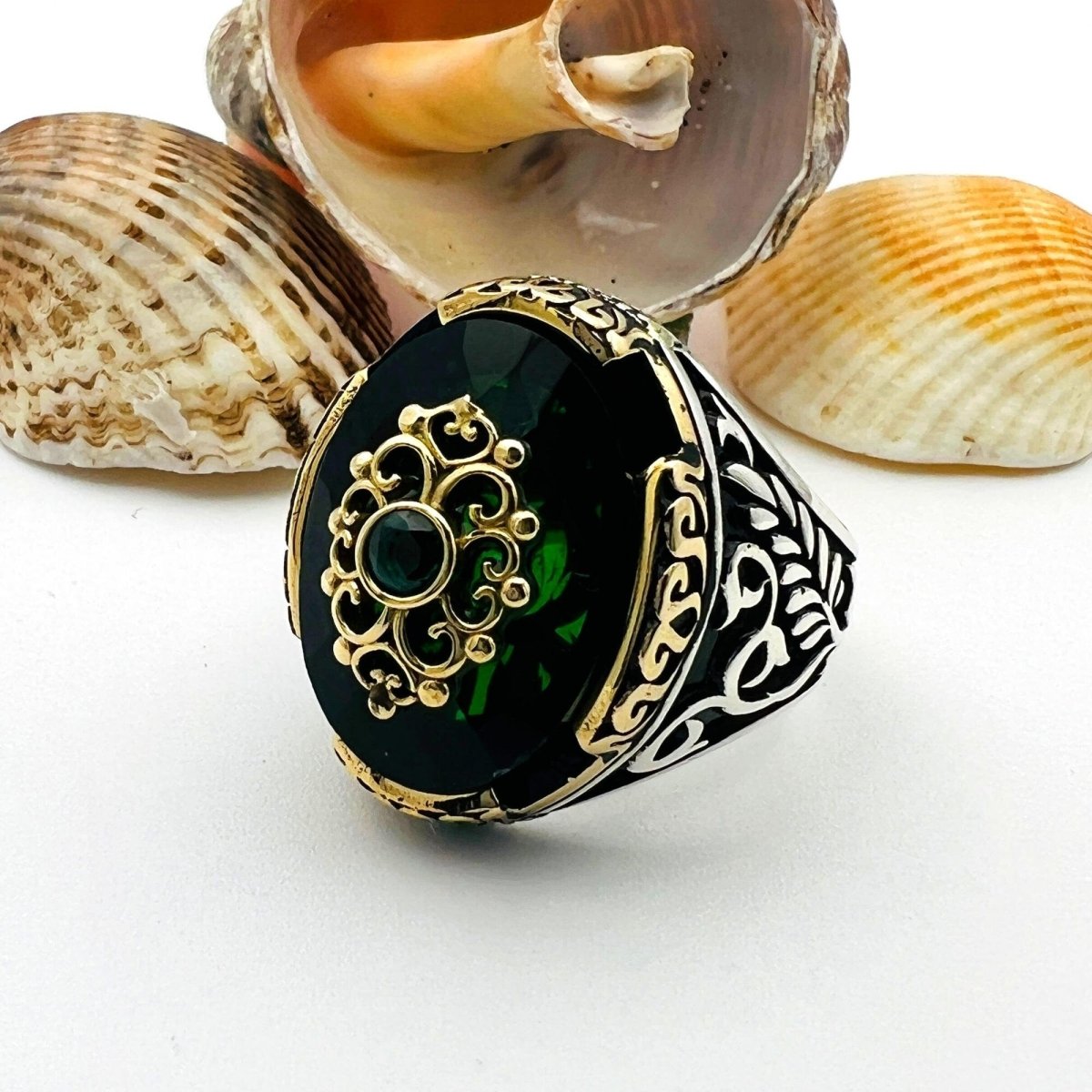 Green Emerald Oval Stone Men's Ring