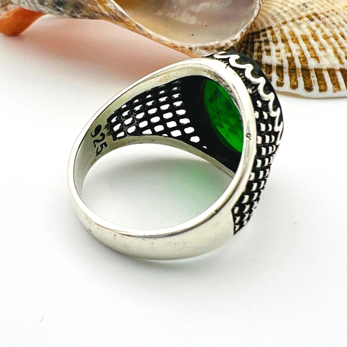 Green Emerald Oval Stone Men's Ring