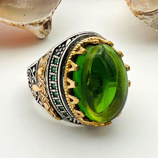 Green Emerald Oval Stone Men's Ring