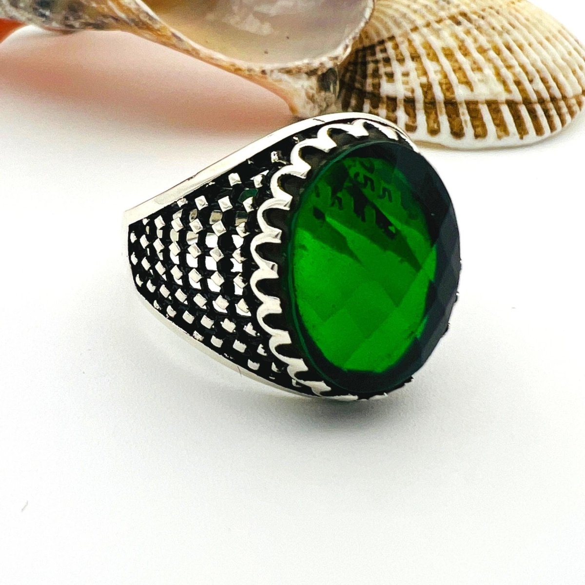 Green Emerald Oval Stone Men's Ring