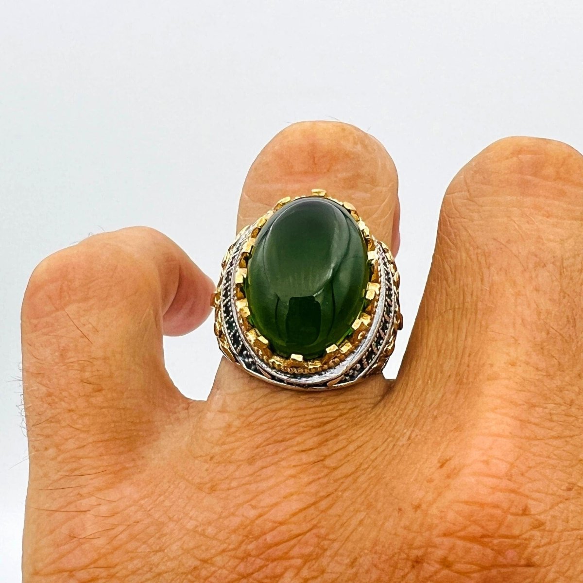 Green Emerald Oval Stone Men's Ring