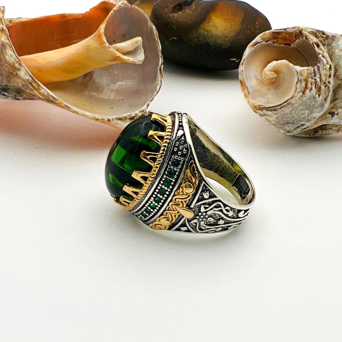 Green Emerald Oval Stone Men's Ring