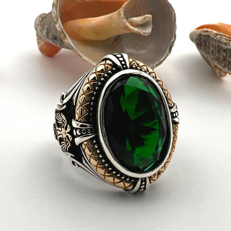 Green Emerald Stone Double Headed Eagle Silver Ring