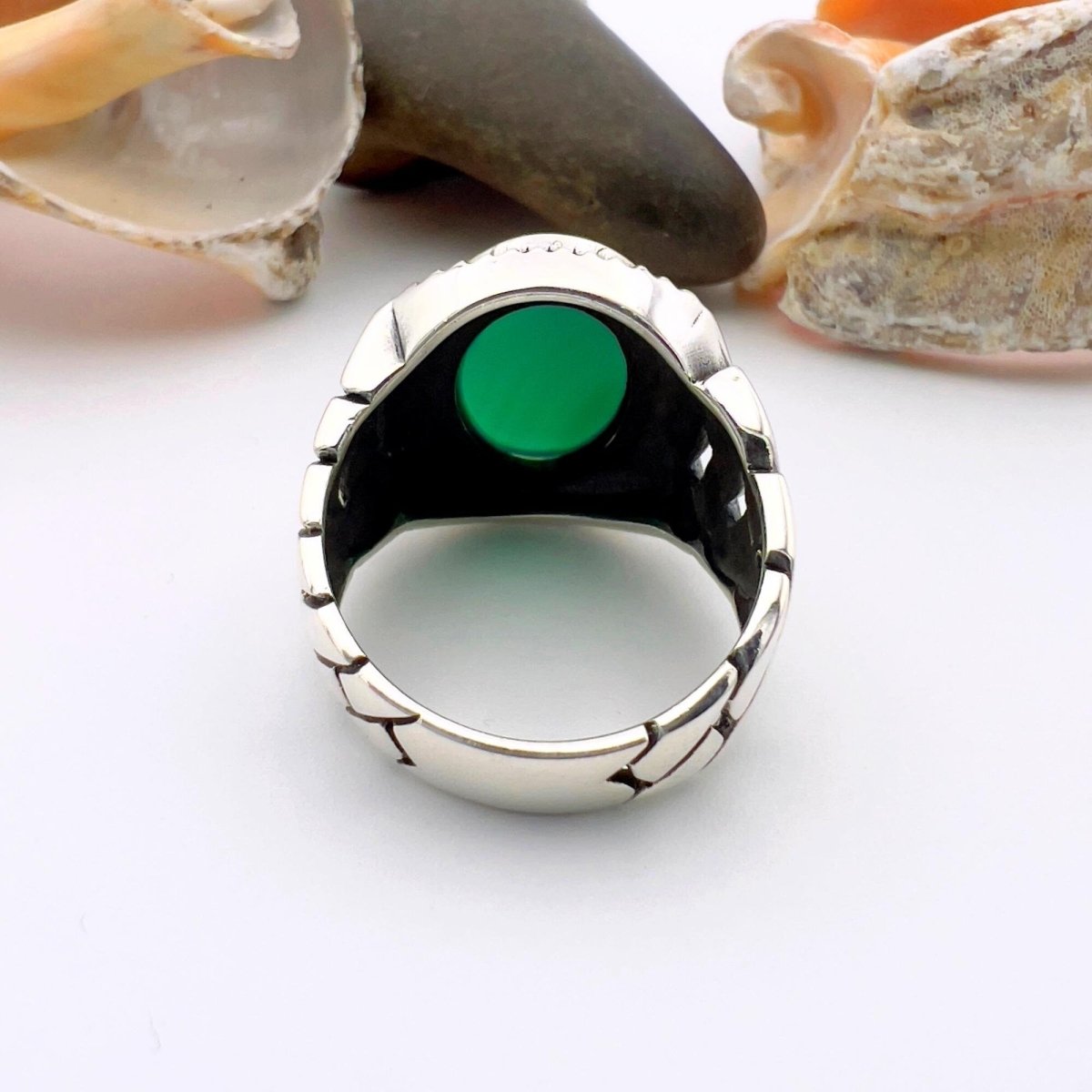 Green Oval Agate Stone Men's Silver Ring