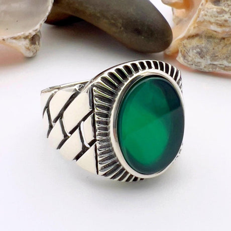 Green Oval Agate Stone Men's Silver Ring