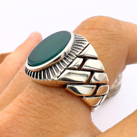 Green Oval Agate Stone Men's Silver Ring