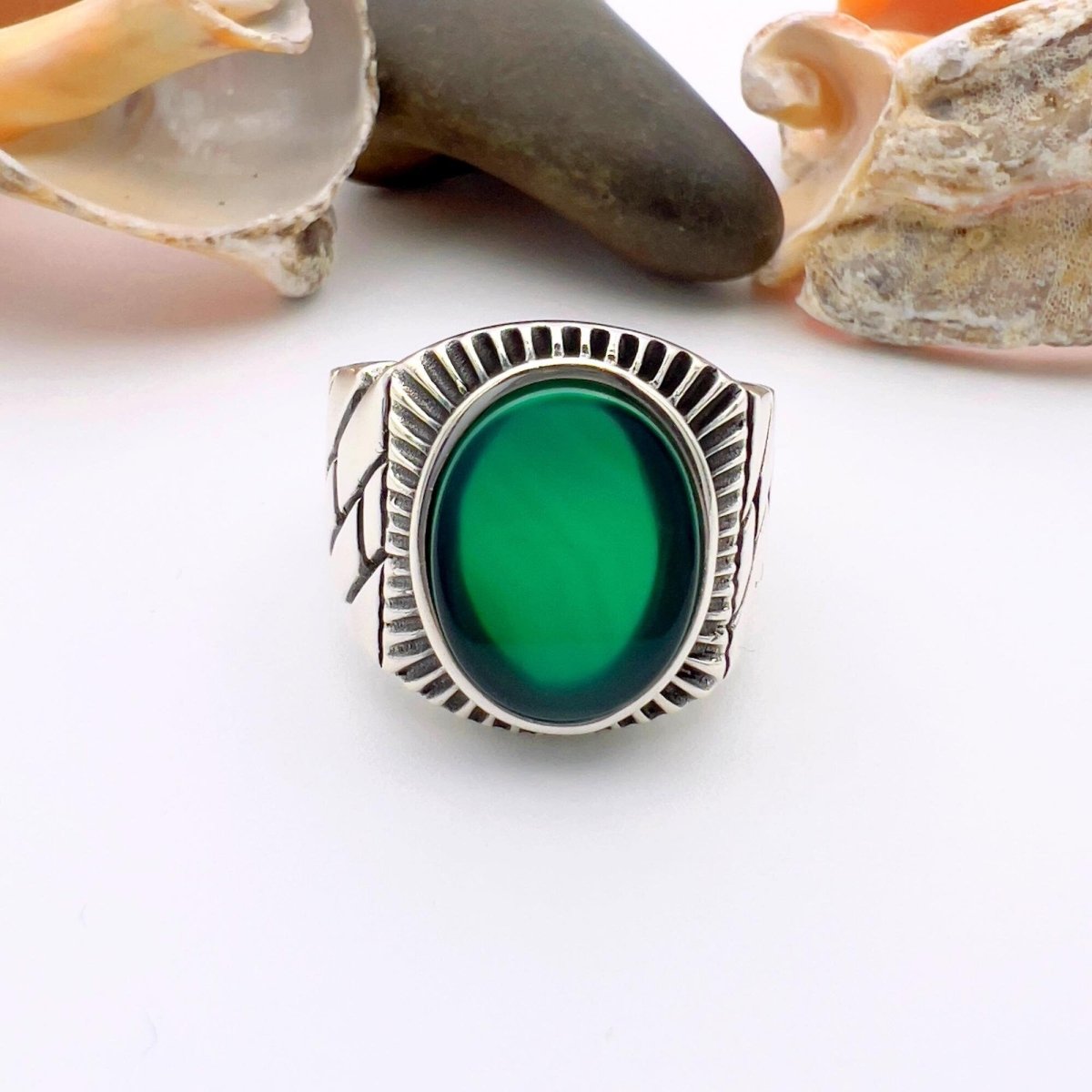 Green Oval Agate Stone Men's Silver Ring