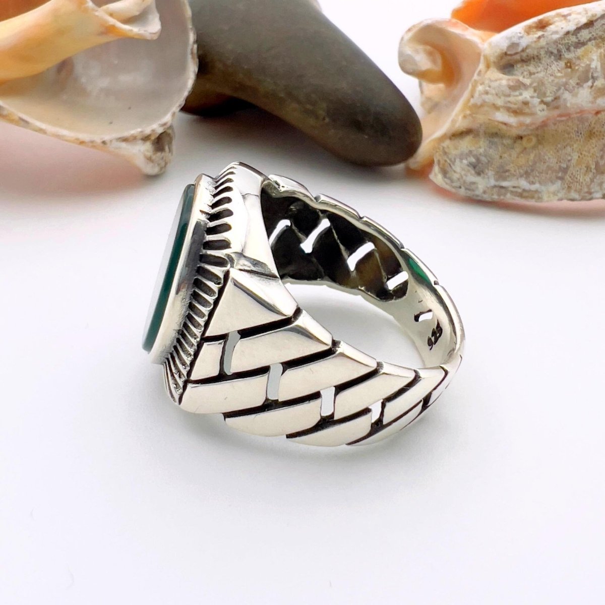 Green Oval Agate Stone Men's Silver Ring