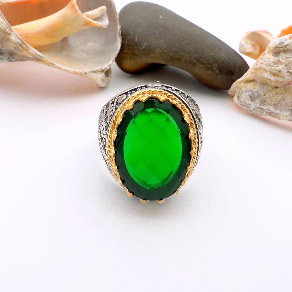 Green Oval Emerald Stone Men's Ring