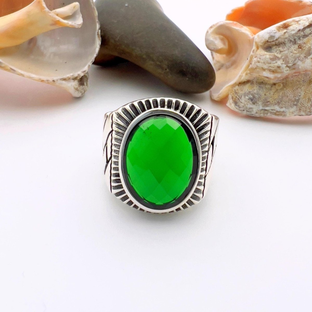 Green Oval Emerald Stone Men's Silver Ring