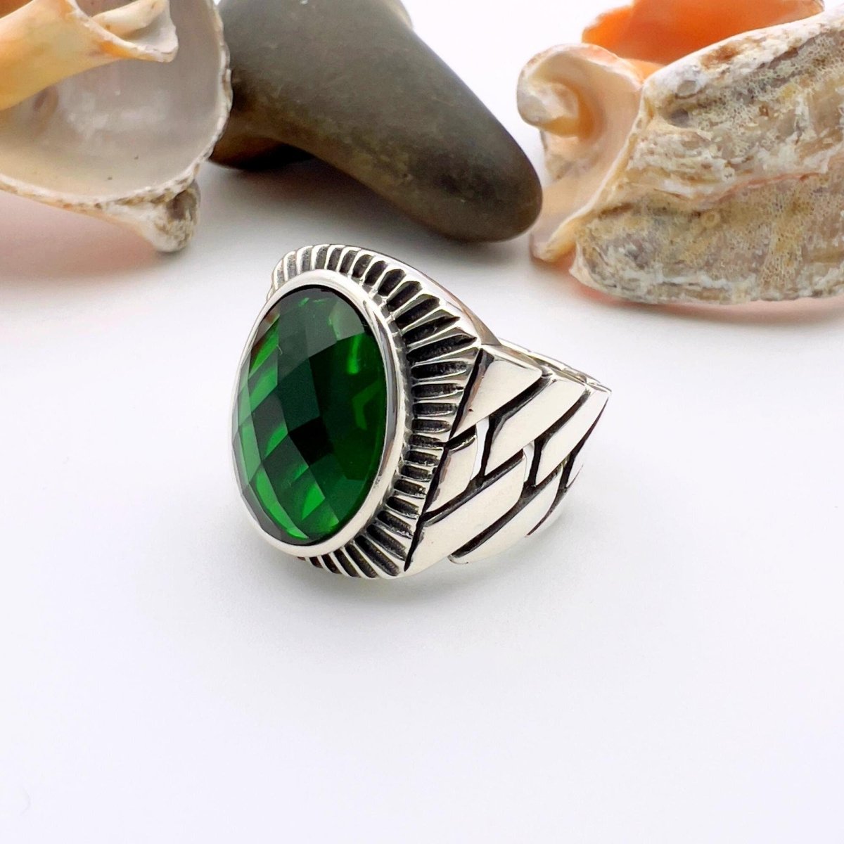 Green Oval Emerald Stone Men's Silver Ring