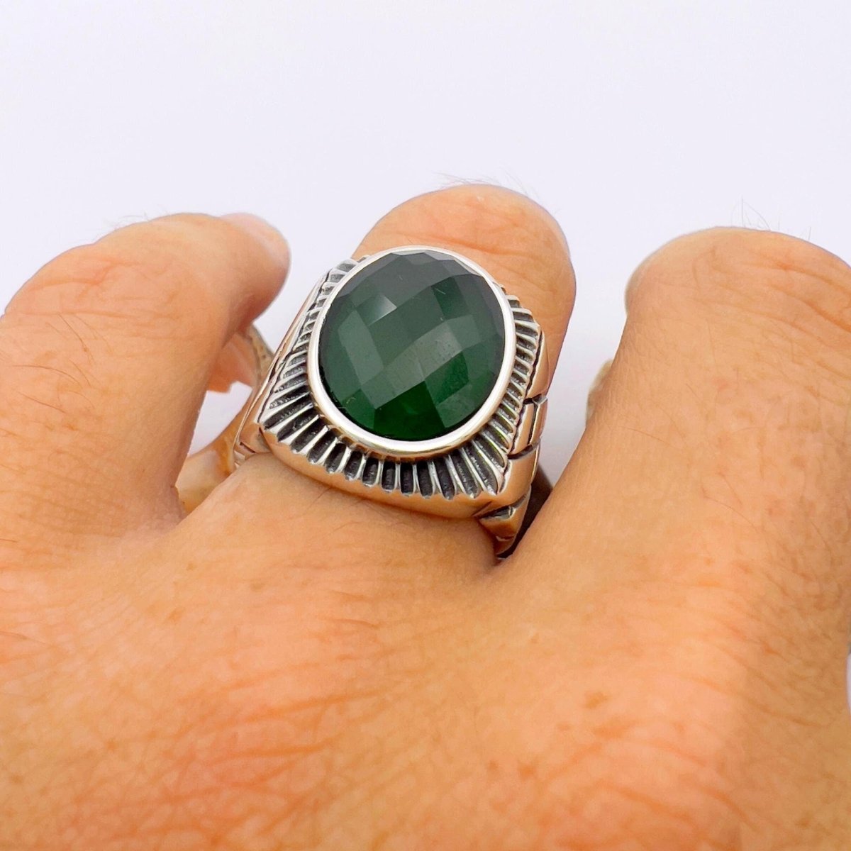 Green Oval Emerald Stone Men's Silver Ring